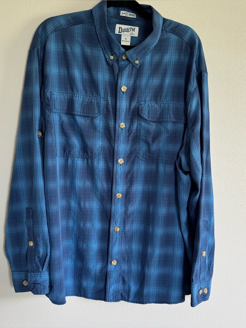 Duluth Trading Co Untucked Relaxed Fit Blue Plaid Button Down Shirt XL